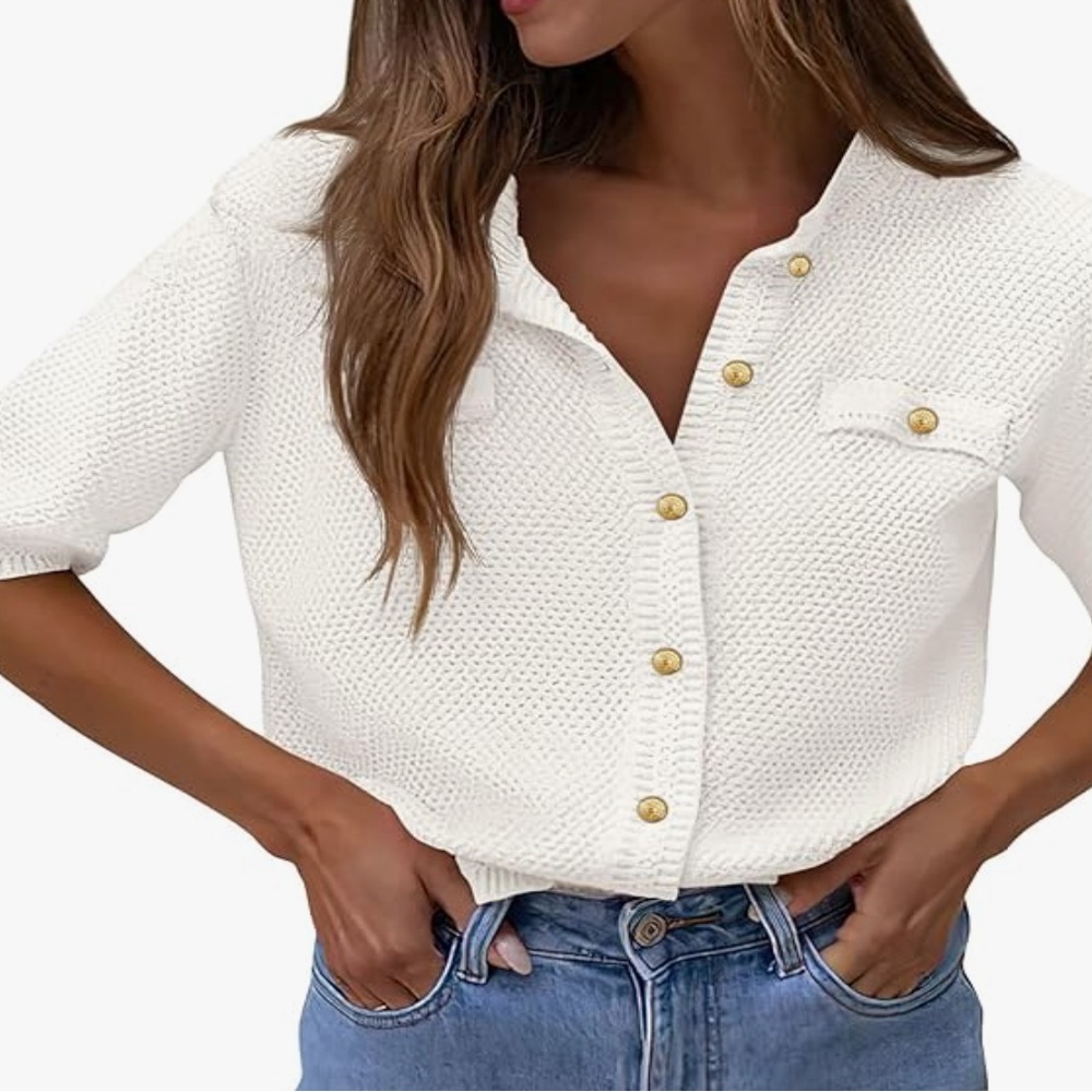 Elegant White Button-Down Short Sleeve Knit Sweater with Gold Accents